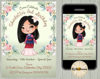 May include: A printable invitation for a child's birthday party. The invitation features a cartoon image of a girl dressed as Mulan from the Disney movie Mulan. The invitation is decorated with flowers and has the text "Come Celebrate Charlotte's 3rd Birthday" at the top. The invitation also includes the date, time, and location of the party.