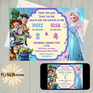 Faire-part d'anniversaire commun, Invitation Toy Story et Elsa, Faire-part d'anniversaire de jumeaux, Faire-part de fête commun, Toy Story et Elsa