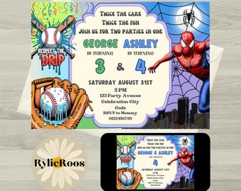 Baseball Drip and Spiderman Birthday Invitation: Joint Party (Digital Download)