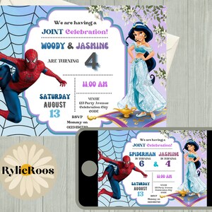 Spiderman and Jasmine Birthday Invitation: Joint Party (Digital)