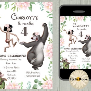 Jungle Book verjaardagsuitnodiging meisjes, Mowgli en Baloo bewerkbare uitnodiging, jongens of meisjes afdrukbare of digitale tekst uitnodiging voor elke leeftijd