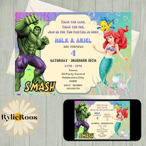 Joint Birthday Invitation, Hulk and Ariel Editable Invite, Twins Birthday Invite, Siblings Birthday Invitation