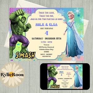 Joint Birthday Invitation, Hulk and Elsa Editable Invite, Twins Birthday Invite, Siblings Birthday Invite, Joint Party Invitation
