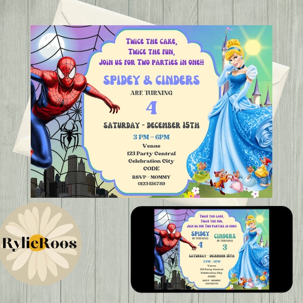 Invitation d’anniversaire conjointe, invitation modifiable Spiderman et Cendrillon, invitation de texte imprimable ou numérique d’anniversaire de jumeaux, invitation à une fête conjointe