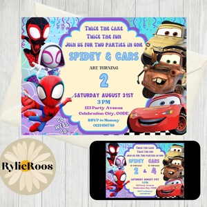 Spidey and Cars Joint Birthday Invitation: Twins Party (Digital Design)