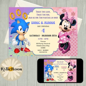 Gemeinsame Geburtstagseinladung, Sonic und Minnie bearbeitbare einladen, Zwillinge Geburtstag druckbare oder digitale Texteinladung, gemeinsame Partyeinladung
