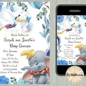 Boys Dumbo Baby Shower Invitation: Blue Floral Stork (Digital Design)