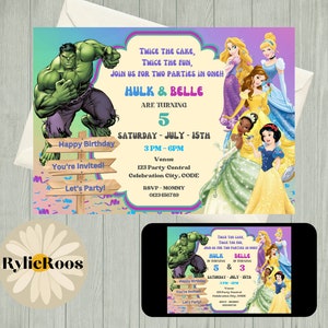 Gezamenlijke verjaardagsuitnodiging, Hulk en prinsessen bewerkbare uitnodiging, Twins verjaardag afdrukbare of digitale tekst uitnodigen, helden en prinses