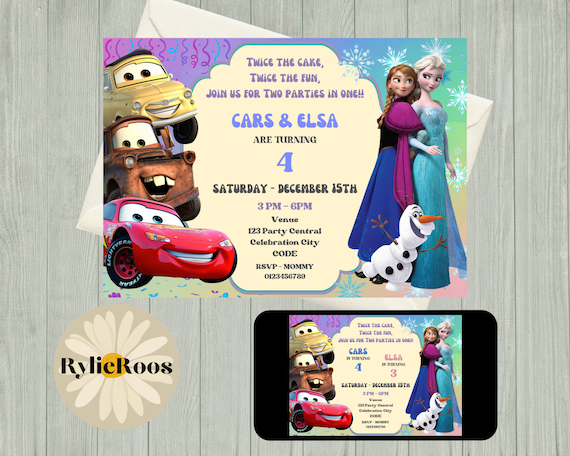 Cars and Frozen Joint Birthday Invitation: Twins/siblings Party