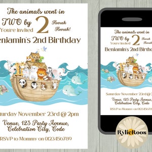 Noah&#39;s Ark 2nd Birthday Invitation: Animals, Blue Waves (Digital Design)