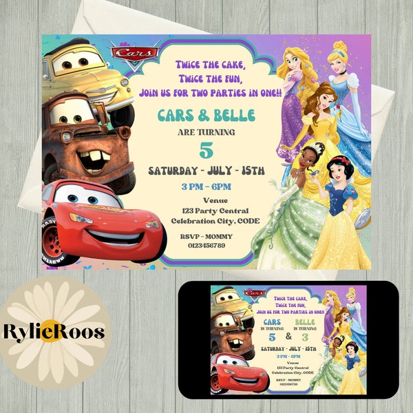 Cars and Princess Joint Birthday Invitation, Princesses and Cars Siblings Party Invite, Twins, Siblings Birthday, Dual Themed Invite