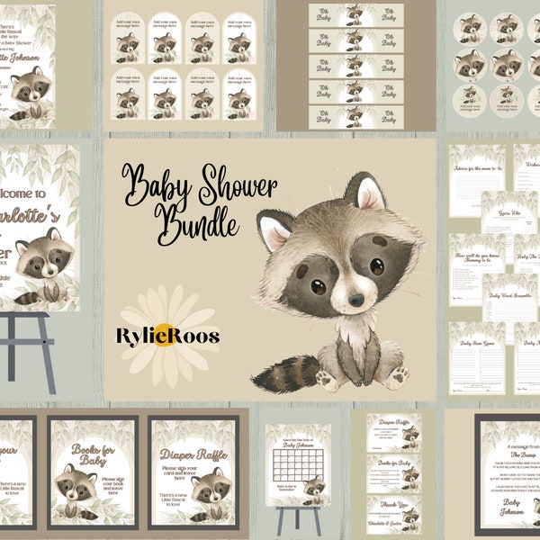 Waschbär-Baby-Dusche-Bundle, neutrale Waschbär-Baby-Dusche-Dekor, kleine Schlingel-Baby-Dusche-Einladung, Waschbär-Baby-Dusche