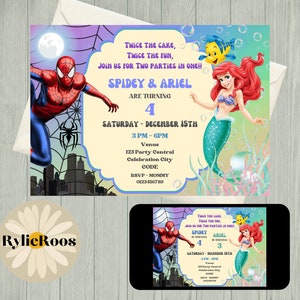 Spiderman and Ariel Joint Invite, Twins Birthday Printable or Digital Text Invite, Joint Party Invitation