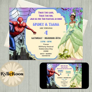 Spiderman and Tiana Joint Birthday Invitation: Twins Party (Digital)