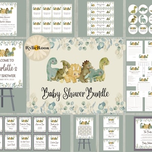 Dinosaur Baby Shower Bundle, Dino Baby Sprinkle Bundle, Gold and Sage Baby Shower Decor, Gender Neutral Dino Baby Shower Decor