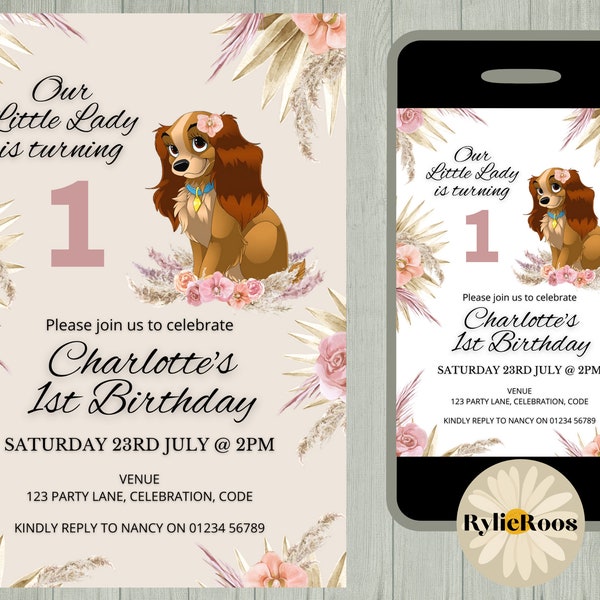 Our Little Lady 1st Birthday Invitation, Lady & The Tramp Invite, Girls 1st Birthday Invitation Digital or Printable, Boho Birthday Invite