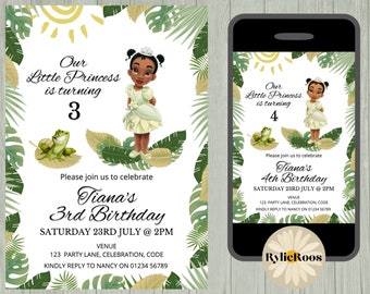 Princess Tiana Birthday Invitation, Princess and the Frog Digital or Printable Invite, Girls 1st, 2nd, 3rd, 4th Birthday Editable Invite