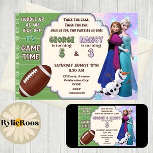 May include: A custom invitation featuring a football theme with the text "Huddle Up As We Kick-Off! It's Game Time." The invitation includes the names George and Nancy, the number 5 and 3, and the date August 17th.