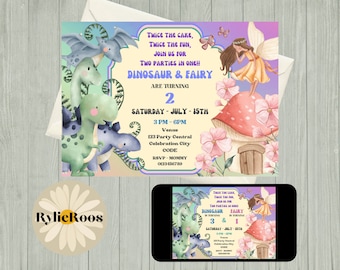 Dinosaur and Fairy Joint Birthday Invitation (Digital Invite)