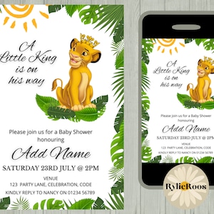Faire-part de baby shower Un petit roi est sur son chemin, invitation modifiable Simba, invitation texte imprimable ou numérique, INVITATION DU ROI LION