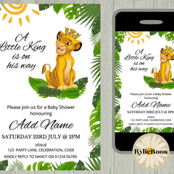 A Little King Is On His Way Baby Shower Invitation, Simba Editable Invite, Printable or Digital Text Invite, LION KING INVITE