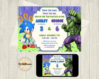 Sonic & Hulk Joint Birthday Invitation: Twin, Siblings, Dual Themed, Party Invite (Digital Download)