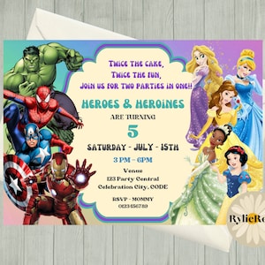Avengers & Princesses Birthday Invitation: Twins Party (Digital Download)