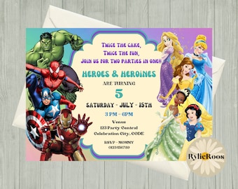 Może przedstawiać: Kolorowe zaproszenie na 5. urodziny z superbohaterami i księżniczkami. Zaproszenie zawiera napis "Twice the cake, twice the fun, join us for two parties in one! Heroes & Heroines are turning 5. Saturday - July - 15th. 3PM-6PM. Venue: 123 Party Central, Celebration City, CODE. RSVP-MOMMY 0123456789."
