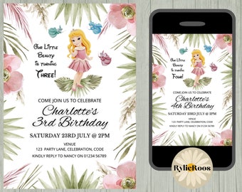 May include: A printable invitation for a 3rd birthday party featuring a cartoon image of a princess with a floral background. The text on the invitation reads "Our Little Beauty is Turning Three!" and includes the party details.