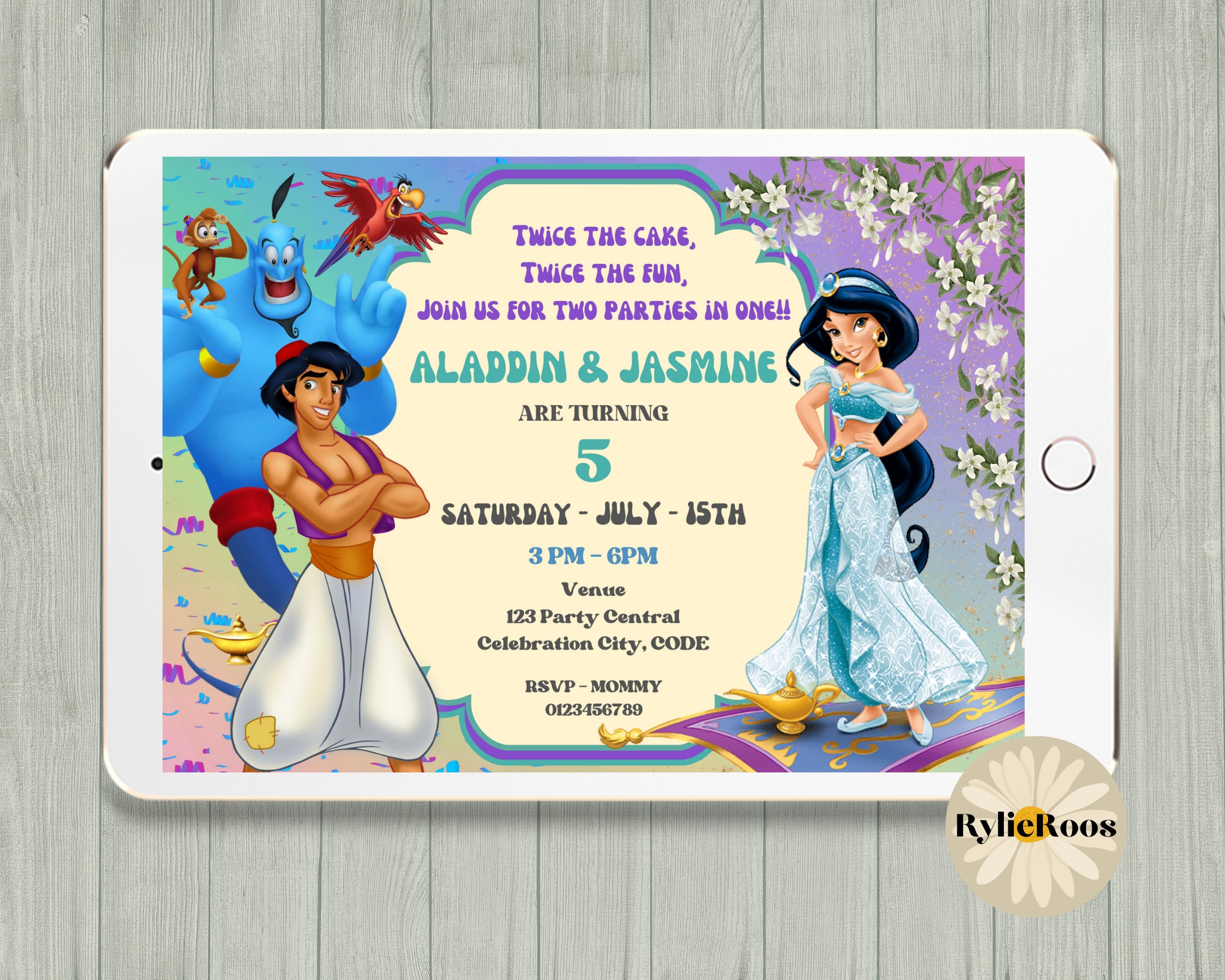 Aladdin and Jasmine Birthday Invitation: Twins Party Invite (digital ...