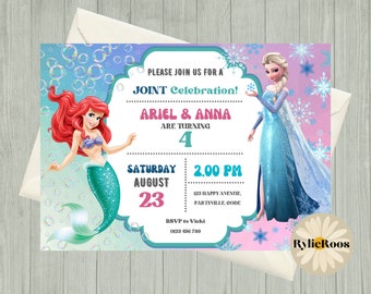 Joint Birthday Invitation, Ariel and Elsa Editable Invite, Twins Birthday Printable or Digital Text Invite, Joint Party Invitation