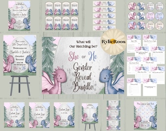 Baby Dragon Gender Reveal Bundle, Blue and Pink Dragon Gender Reveal Complete Bundle, Dragon Gender Invitation, Dragon Reveal Bundle