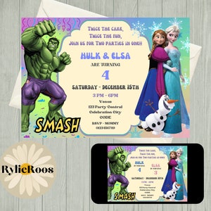 Joint Birthday Invitation, Hulk and Frozen Editable Invite, Twins Birthday Invite, Siblings Birthday Invite, Joint Party Invitation
