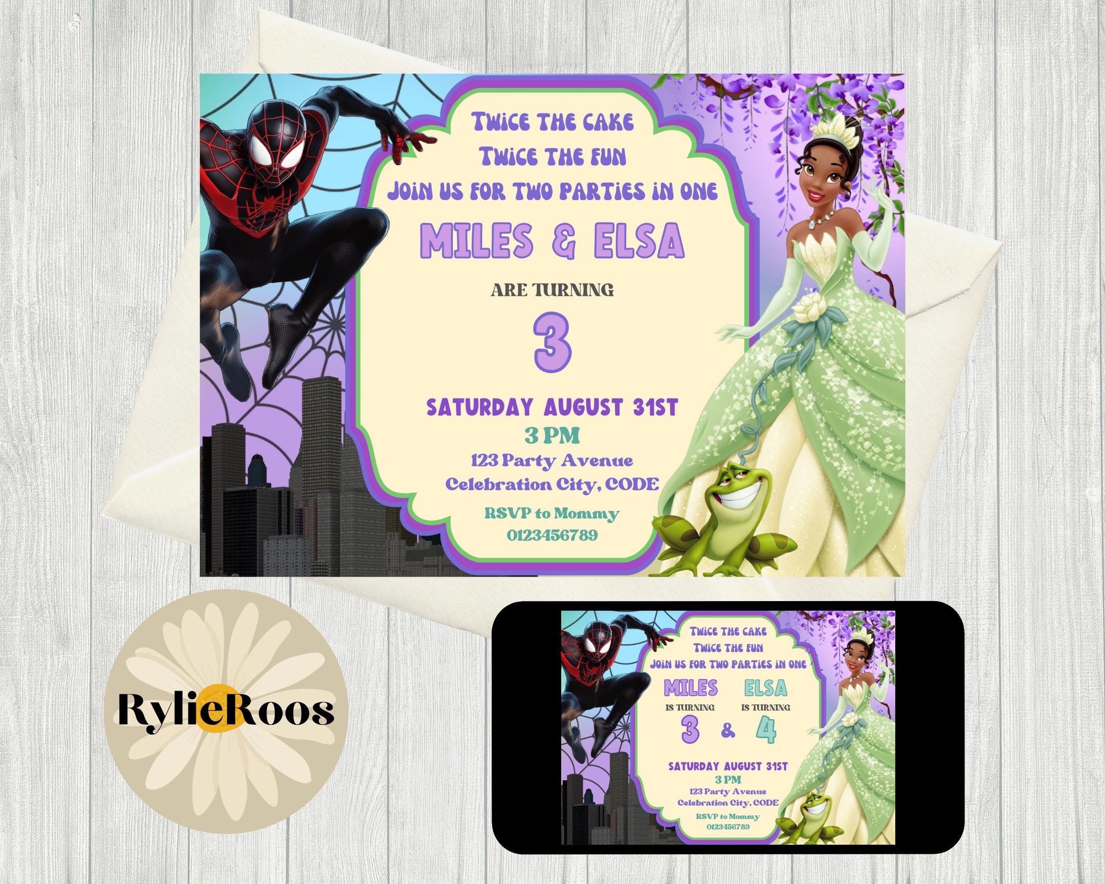 Spiderman and Tiana Joint Birthday Invitation: Twins Party Evite