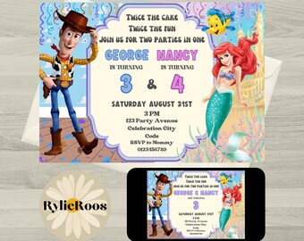 Woody and Ariel Birthday Invitation: Joint, Twin, Siblings, Dual Themed, Template (Digital Download)