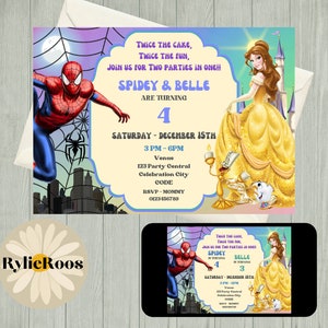 Spiderman and Belle Birthday Invitation: Twins Party (Digital)