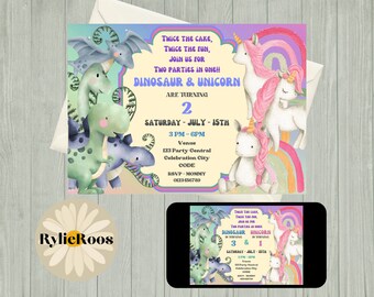 Dinosaur & Unicorn Joint Birthday Invitation (Digital Invite)