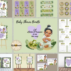 Lilac Princess Tiana Baby Shower Bundle, Princess and Frog Printable Baby Shower,  Tanned Princess Baby Shower Invite, Princess Baby Shower