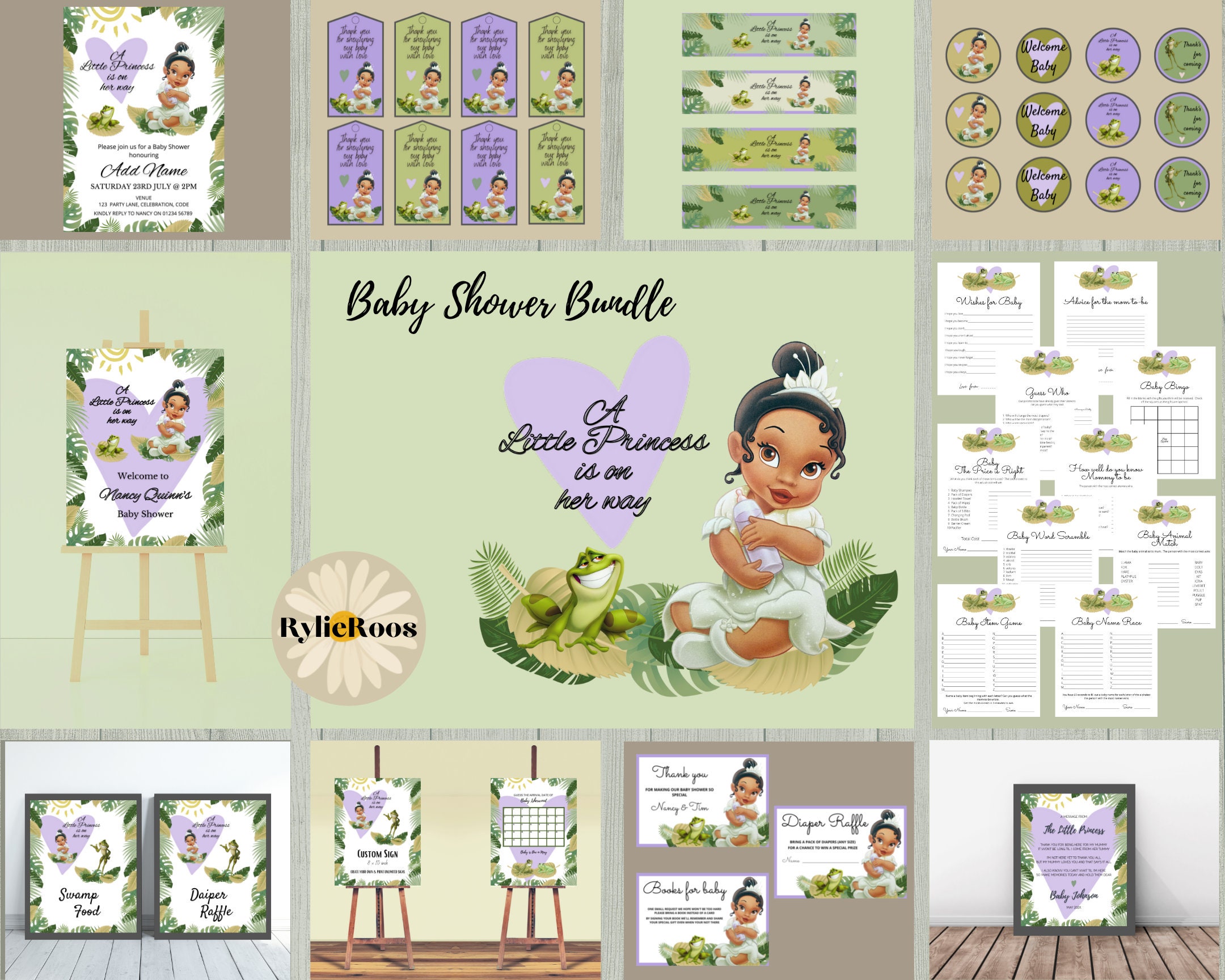 Lilac Princess Tiana Baby Shower Bundle, Princess and Frog Printable Baby Shower,  Tanned Princess Baby Shower Invite, Princess Baby Shower