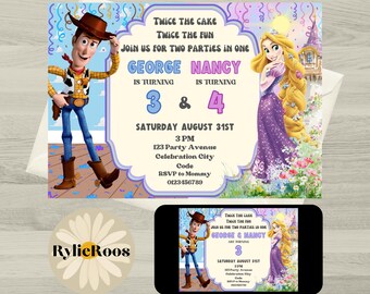 Woody and Rapunzel Birthday Invitation: Joint, Twin, Siblings, Dual Themed, Template (Digital Download)