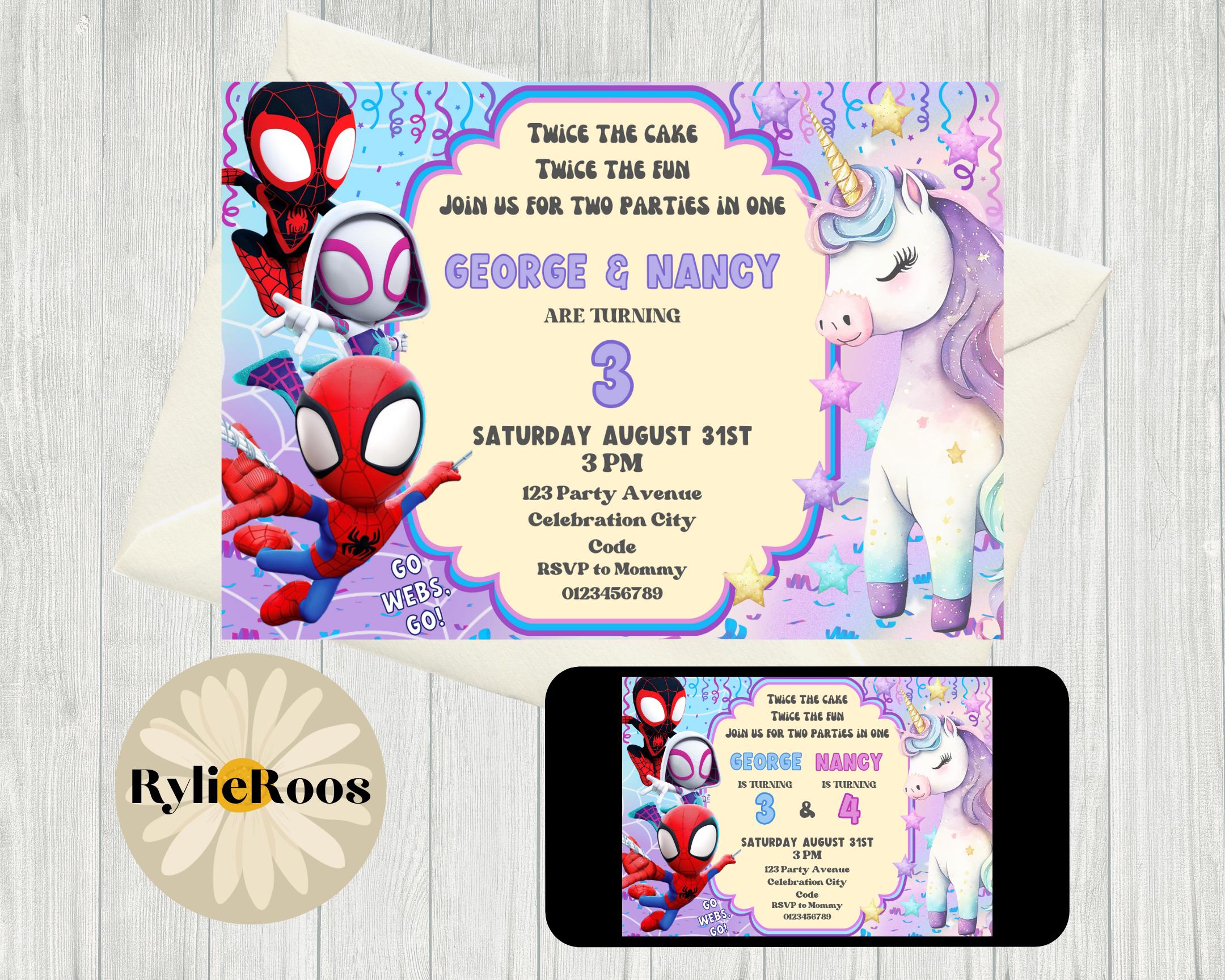 その他 Invitation Spidey and Unicorn Twins Birthday Invitation: Editable Digital