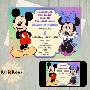 Faire-part d'anniversaire commun, Invitation modifiable Mickey et Minnie, Invitation anniversaire de jumeaux imprimable ou numérique, Invitation de fête commune