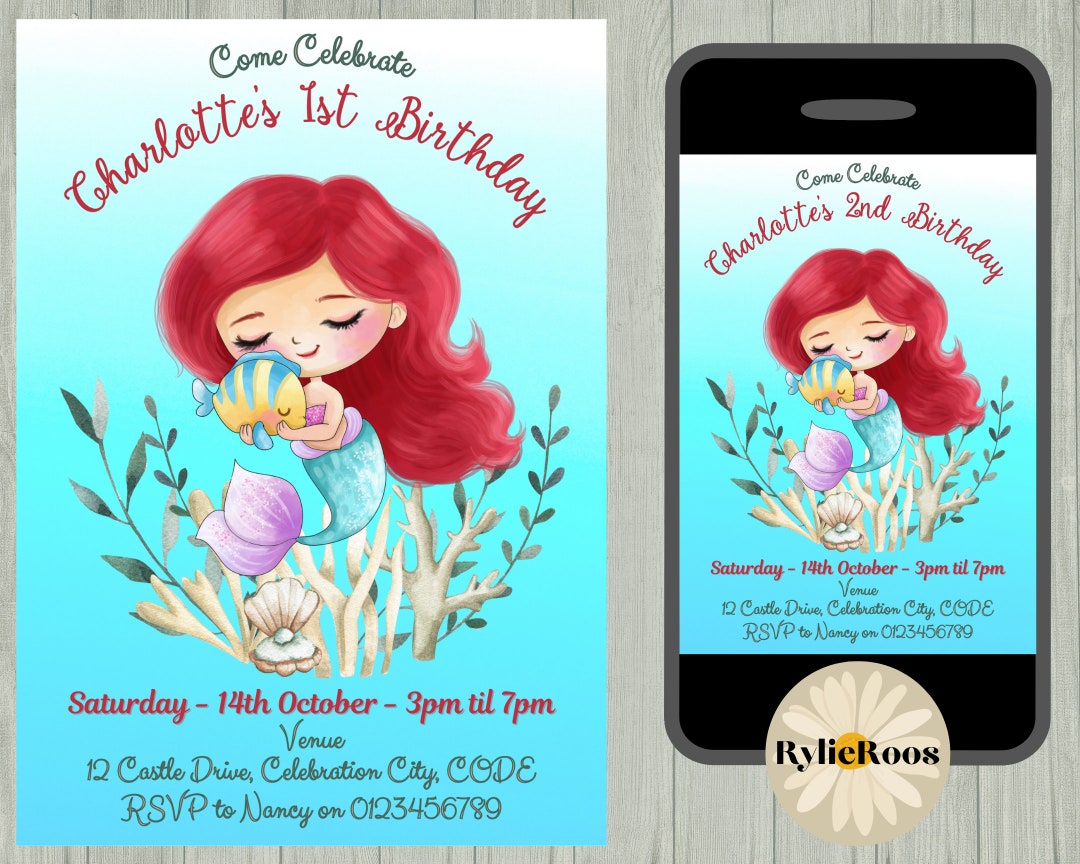 Baby Ariel Birthday Invitation, Mermaid Princess Editable Invite, Girls ...