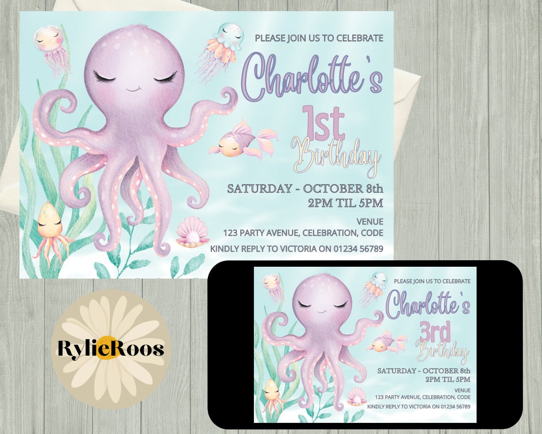 Girls Pastel Under the Sea Birthday Invitation, Octopus Birthday ...