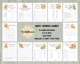 May include: A set of 10 printable baby shower games featuring Winnie the Pooh characters. The games include Baby Bingo, Baby Word Scramble, Guess Who, Baby Item Game, Baby Name Race, Baby Animal Match, Advice for the Mom-to-Be, Wishes for Baby, and How Well Do You Know Mommy to Be. The games are designed to be printed on 8x10 inch paper and can be printed 2 per page.