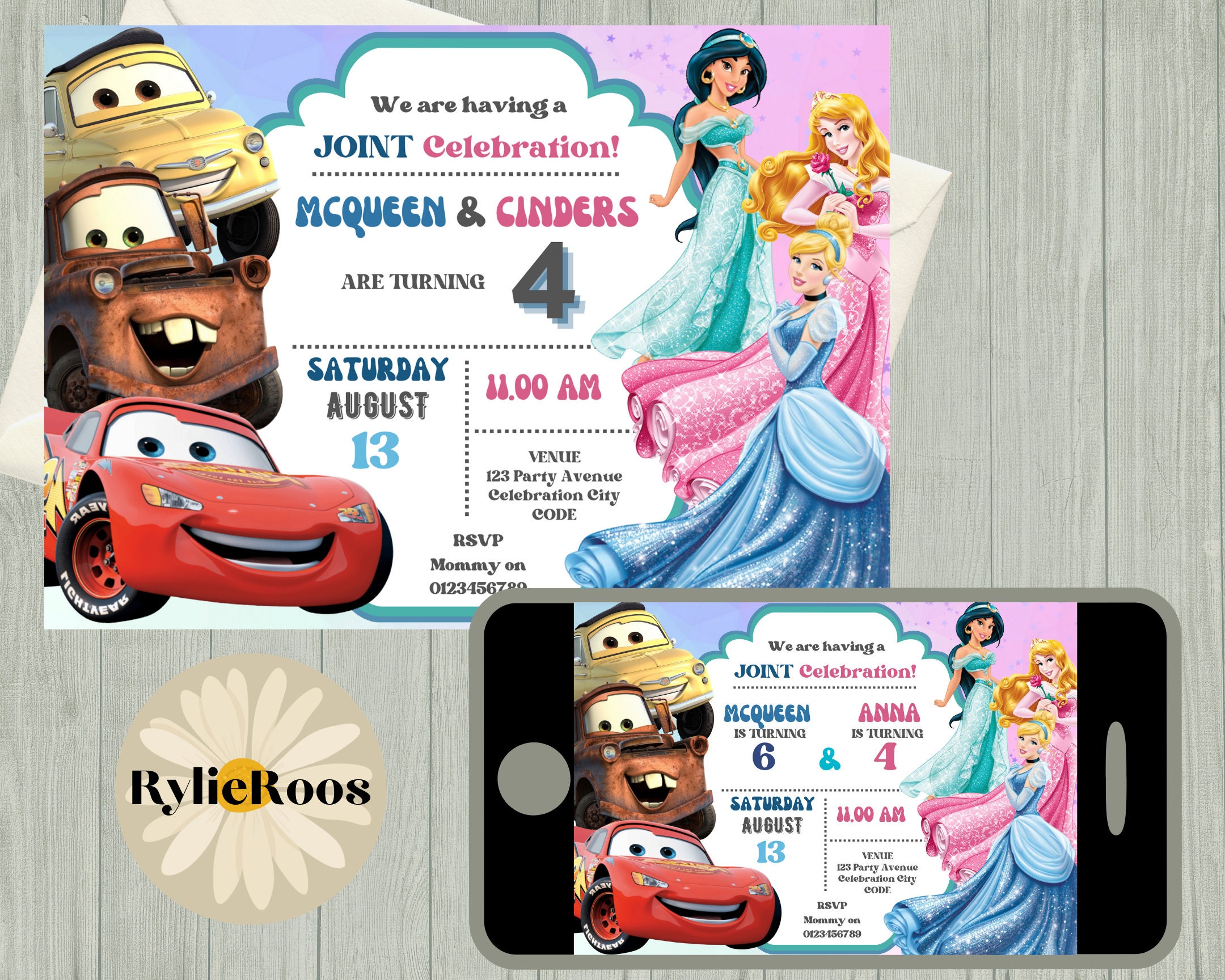 Joint Birthday Invitation, Cars and Princesses Editable Invite, Twins Birthday Printable or Digital Text Invite, Joint Party Invitation
