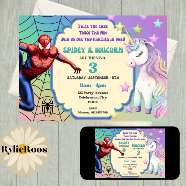 Joint Birthday Invitation, Spider man and Unicorn Editable Invite, Twins Birthday Printable or Digital Invite, Joint Party Invitation