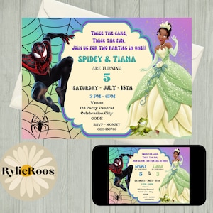 Spiderman and Tiana Joint Birthday Invitation: Hero & Princess (Digital)