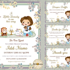 Paquete de invitación para baby shower de la bella y la bestia, invitación editable para baby shower de Belle, invitación y tarjetas para baby shower de princesa para niñas
