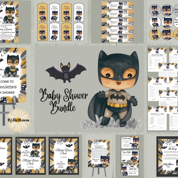 Golden Bat Boy Baby Shower Invitation Bundle, Batboy Baby Shower Decor, Bat Baby Complete Shower Bundle
